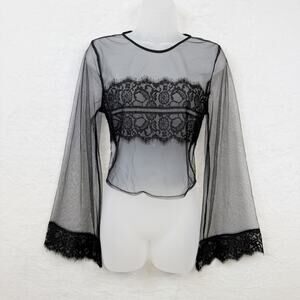 FOREVER 21 Sheer Mesh Cropped Top Flare Sleeve Whimsigoth Witchy 90s‎ Black Sz S